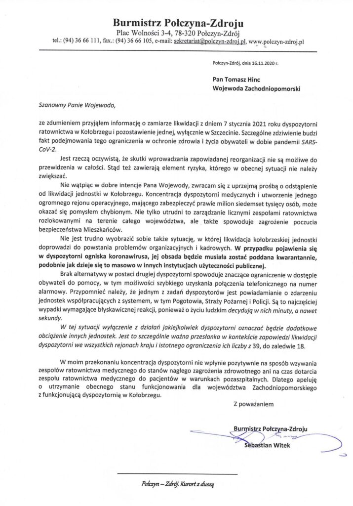 Stanowisko Burmistrza Połczyna-Zdroju w sprawie likwidacji dyspozytorni ratownictwa w Kołobrzegu