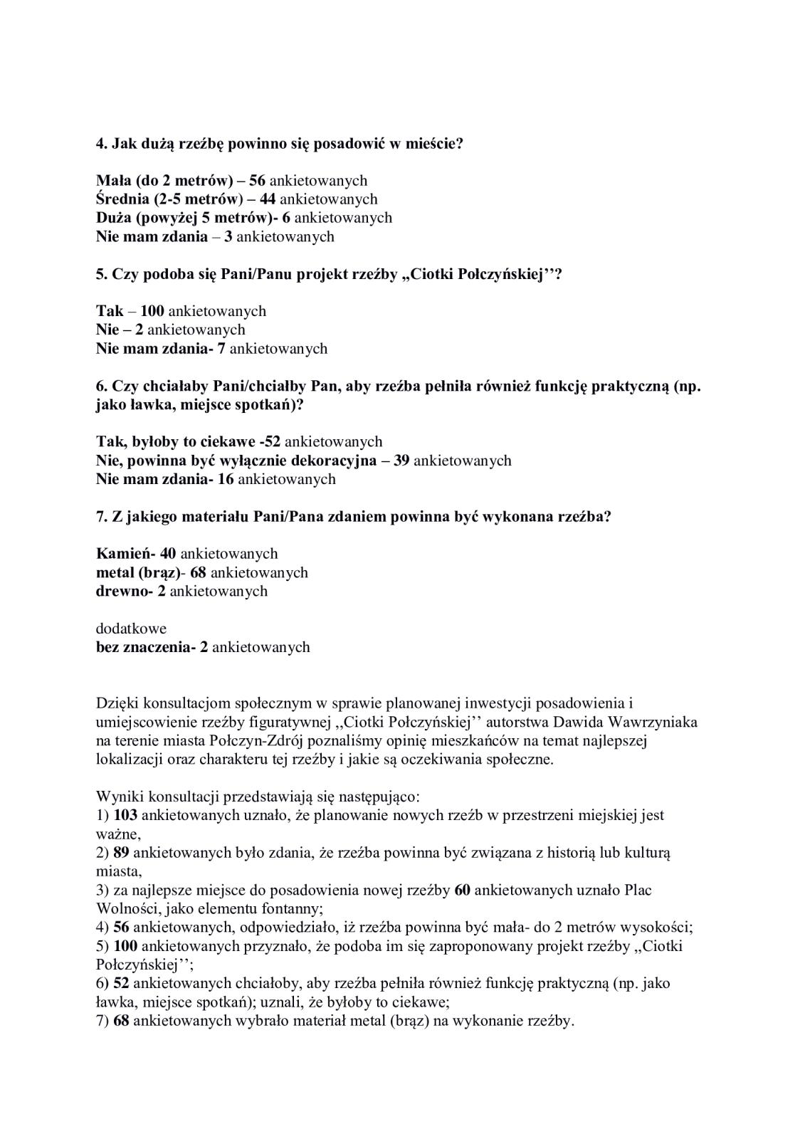 Raport z przeprowadzonych konsultacji społecznych w sprawie planowanej inwestycji posadowienia i umiejscowienie rzeźby figuratywnej "Ciotki Połczyńskiej’’ autorstwa Dawida Wawrzyniaka na terenie miasta Połczyn-Zdrój