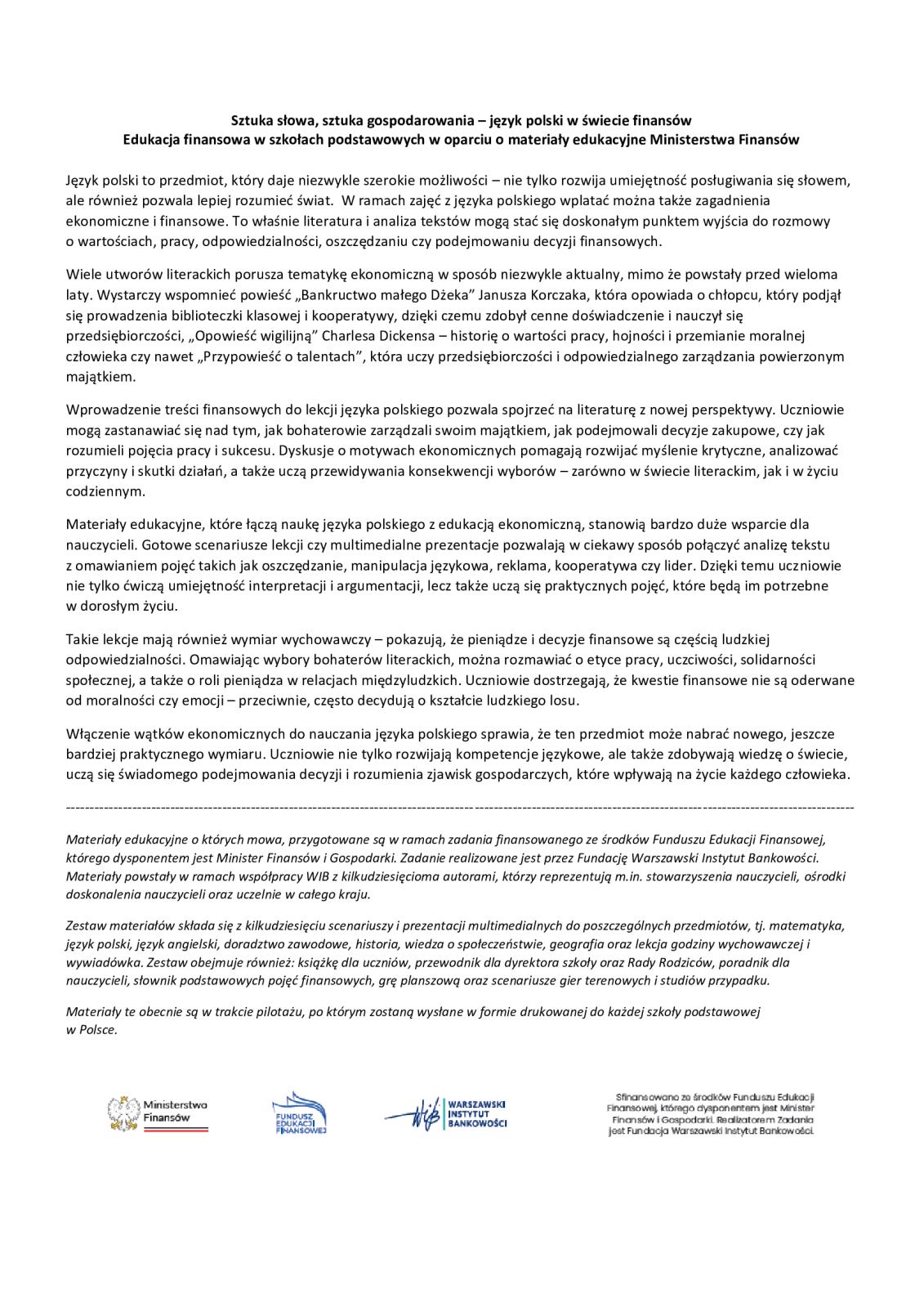 Edukacja finansowa w szkołach podstawowych w oparciu o materiały edukacyjne Ministerstwa Finansów