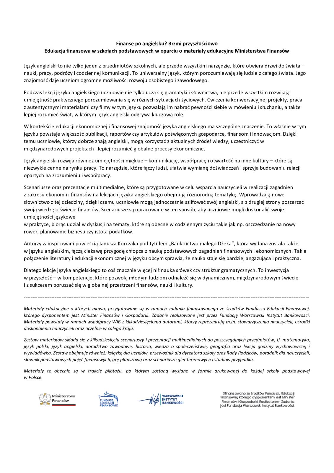 Edukacja finansowa w szkołach podstawowych w oparciu o materiały edukacyjne Ministerstwa Finansów