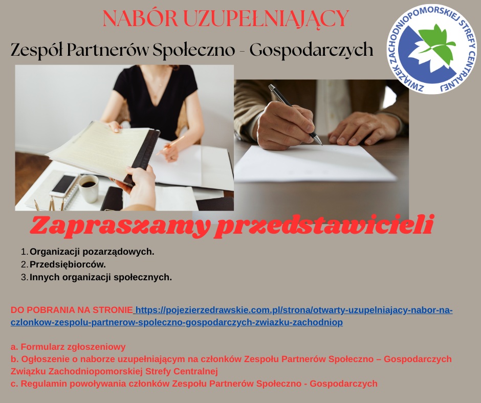 Otwarty uzupełniający nabór na członków Zespołu Partnerów Społeczno – Gospodarczych Związku Zachodniopomorskiej Strefy Centralnej