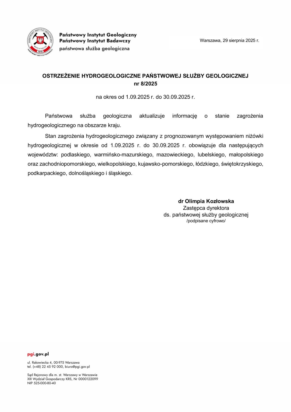 OSTRZEŻENIE HYDROGEOLOGICZNE PAŃSTWOWEJ SŁUŻBY GEOLOGICZNEJ nr 8/2025