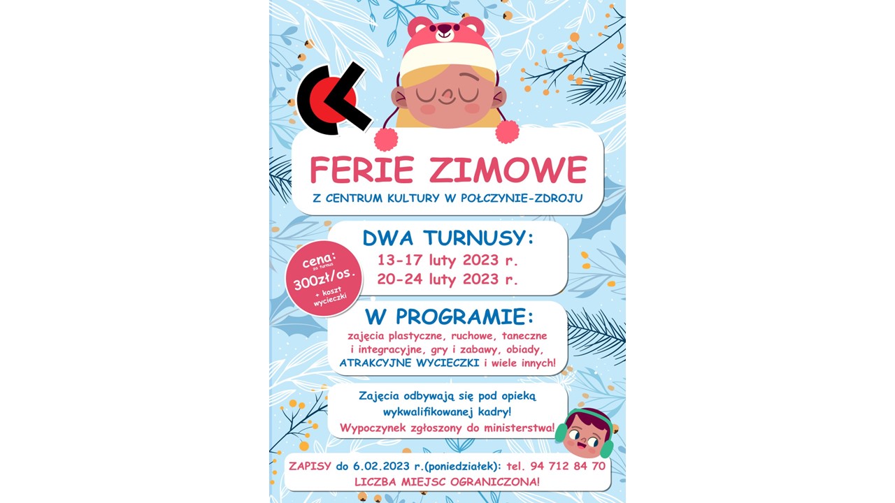 Centrum Kultury w Połczynie-Zdroju- plakat na ferie zimowe 2023