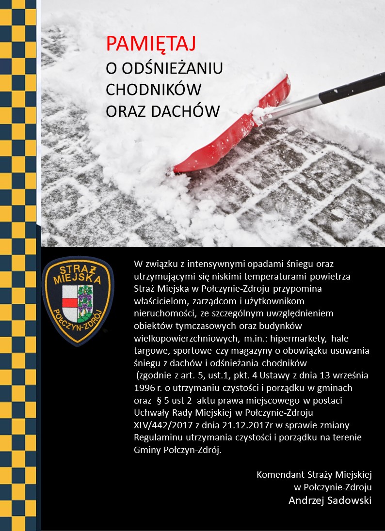 Plakat dotyczący odśnieżania chodników i dachów