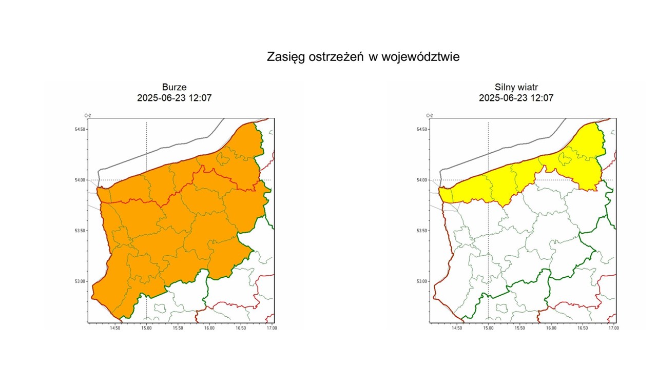 OSTRZEŻENIE METEOROLOGICZNE 23.06.2025 R.- 24.06.2025 R. MOŻLIWY SILNY WIATR I BURZE