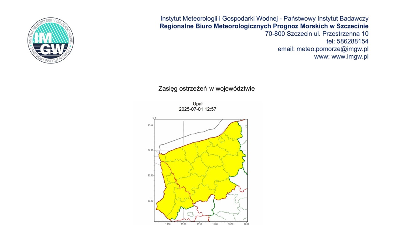 OSTRZEŻENIE METEOROLOGICZNE 01.07.2025 R.- 02.07.2025 R. MOŻLIWE UPAŁY