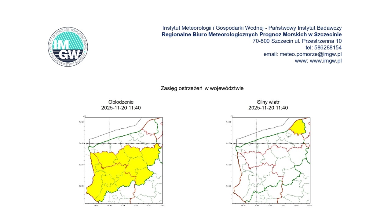 OSTRZEŻENIE METEOROLOGICZNE 21.11.2025 R.