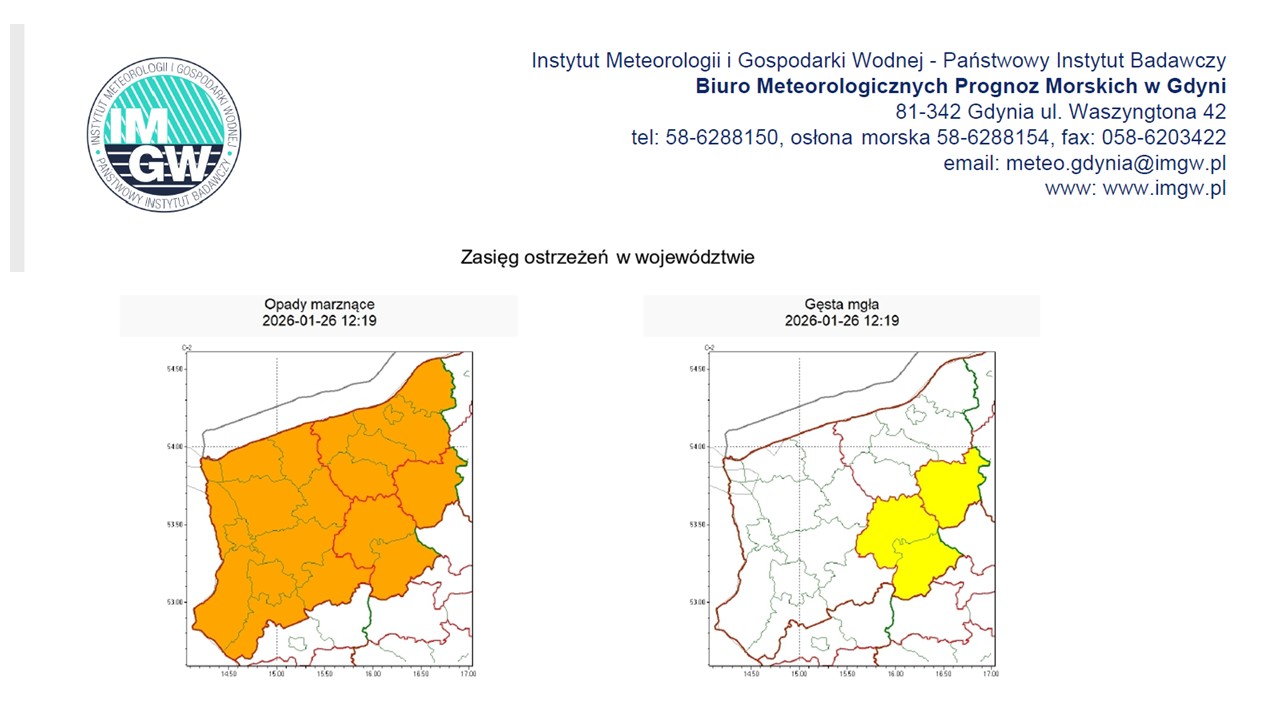 OSTRZEŻENIE METEOROLOGICZNE 26.01.2026 R.- 27.01.2026 R. MOŻLIWE MARZNĄCE OPADY I GĘSTE MGŁY