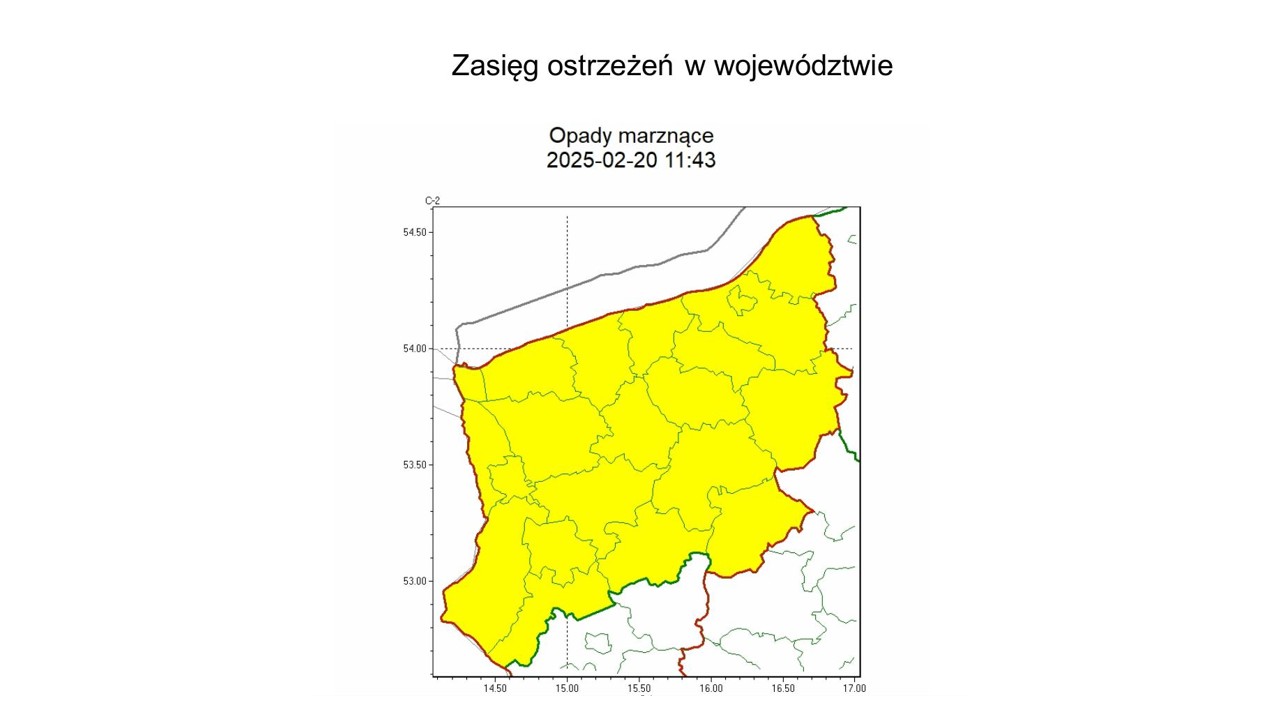 OSTRZEŻENIE METEOROLOGICZNE 21.02.2025 R.-22.02.2025 R. MOŻLIWE OPADY MARZNĄCE