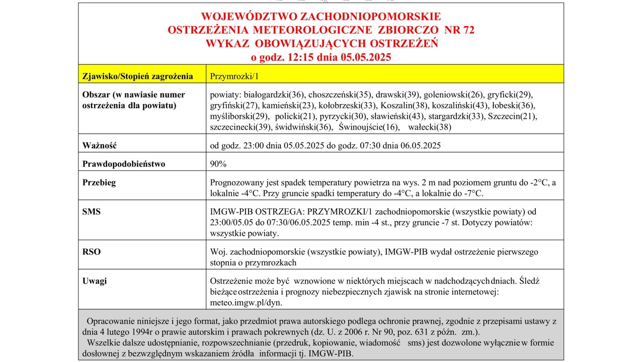 OSTRZEŻENIE METEOROLOGICZNE 05.05.2025 R- 06.05.2025 R. MOŻLIWE PRZYMROZKI