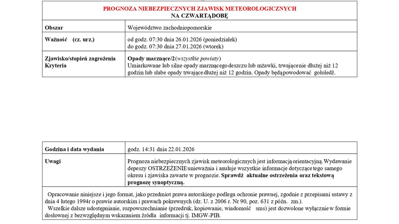 OSTRZEŻENIE METEOROLOGICZNE 26.01.2026 R.-27.01.2026 R.