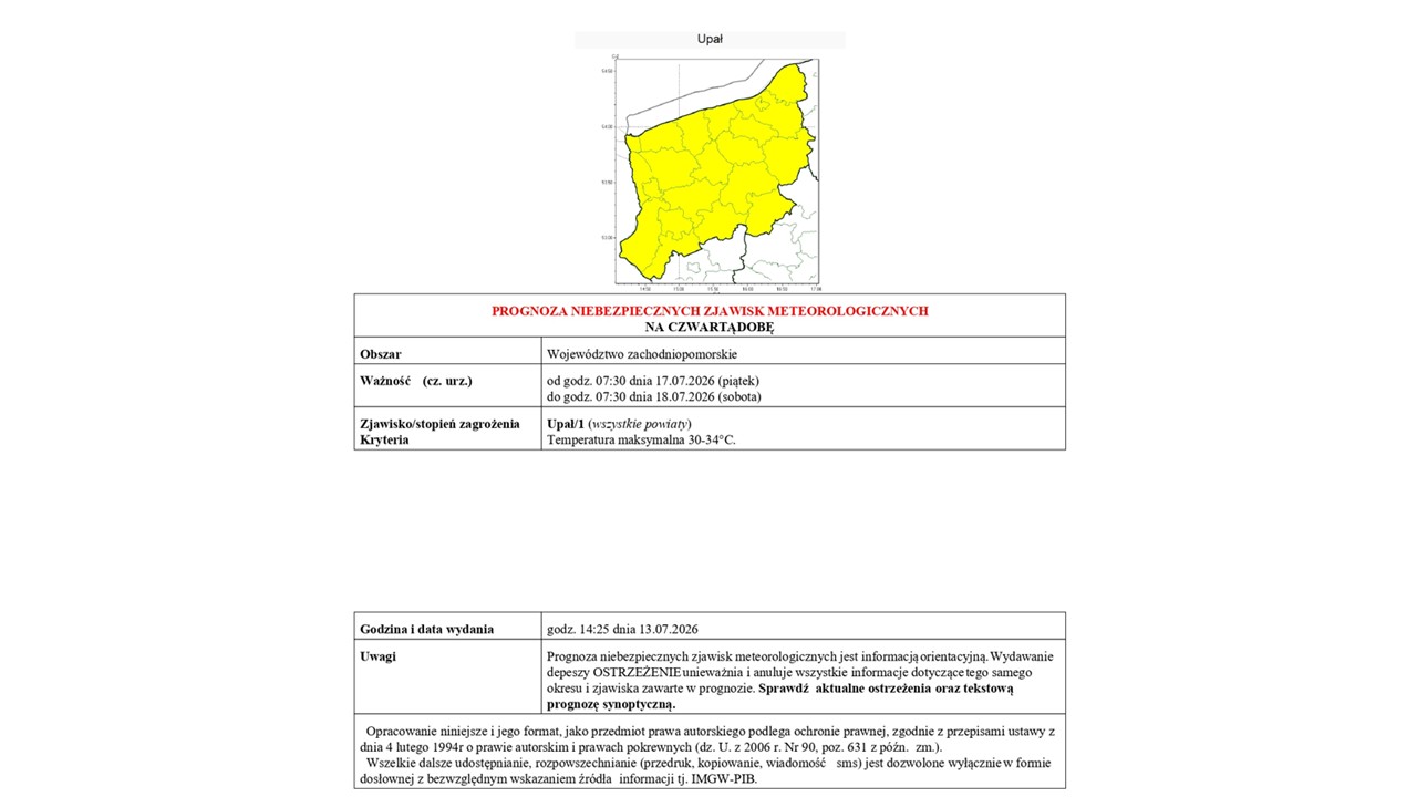 OSTRZEŻENIE METEOROLOGICZNE 16.07.2026 R. - 18.07.2026 R. 