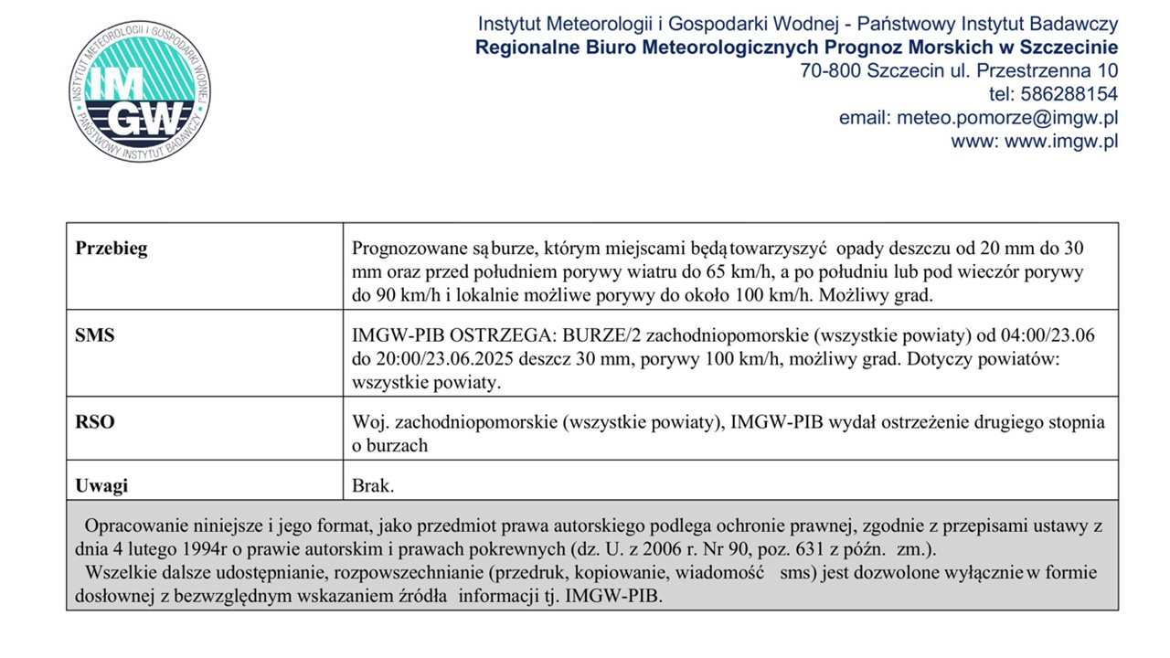 OSTRZEŻENIE METEOROLOGICZNE 23.06.2025 R.- 24.06.2025 R. MOŻLIWY SILNY WIATR I BURZE