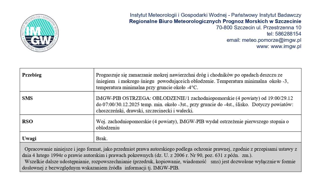 OSTRZEŻENIE METEOROLOGICZNE 29.12.2025 R.- 31.12.2025 R. MOŻLIWE OBLODZENIA I SILNY WIATR