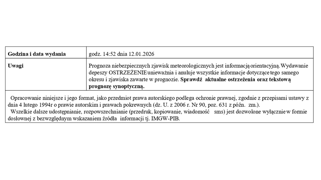 OSTRZEŻENIE METEOROLOGICZNE 13.01.2026 R.- 14.01.2026 R. MOŻLIWE MARZNĄCE OPADY