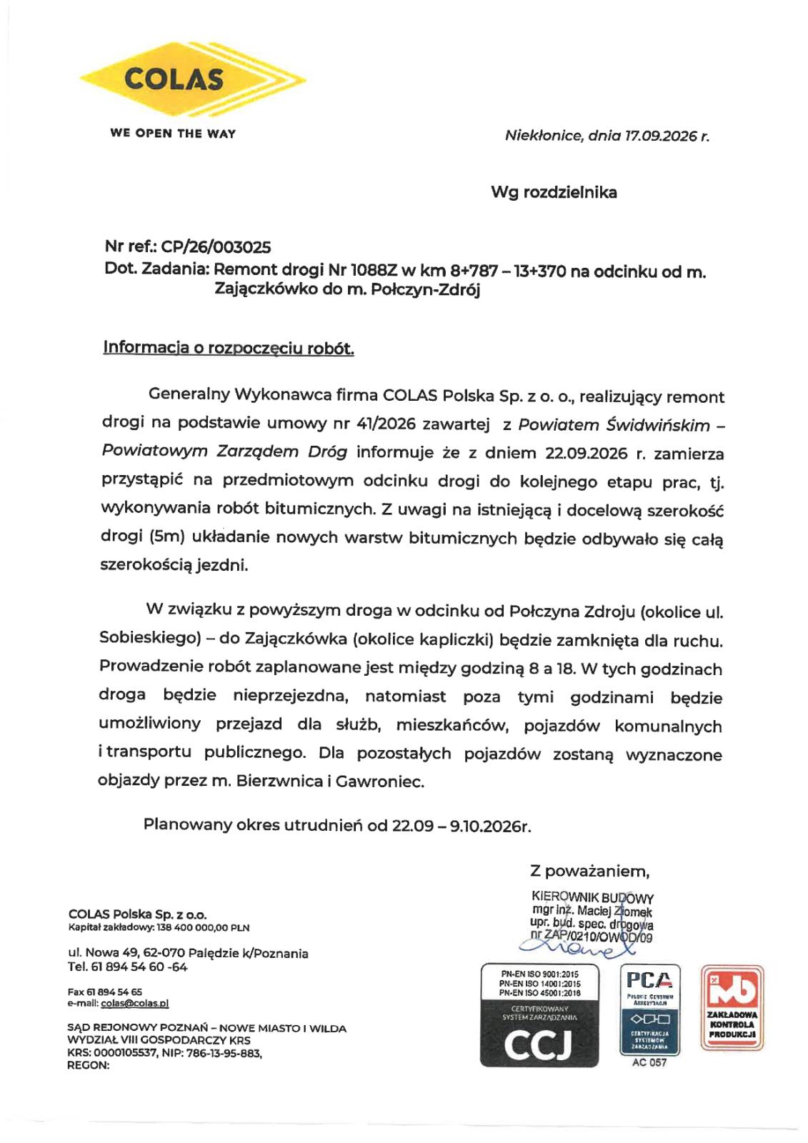 Uwaga! Utrudnienia w związku z planowanym kolejnym etapem robót (roboty bitumiczne) na drodze powiatowej nr 1088Z Zajączkowo- Połczyn- Zdrój