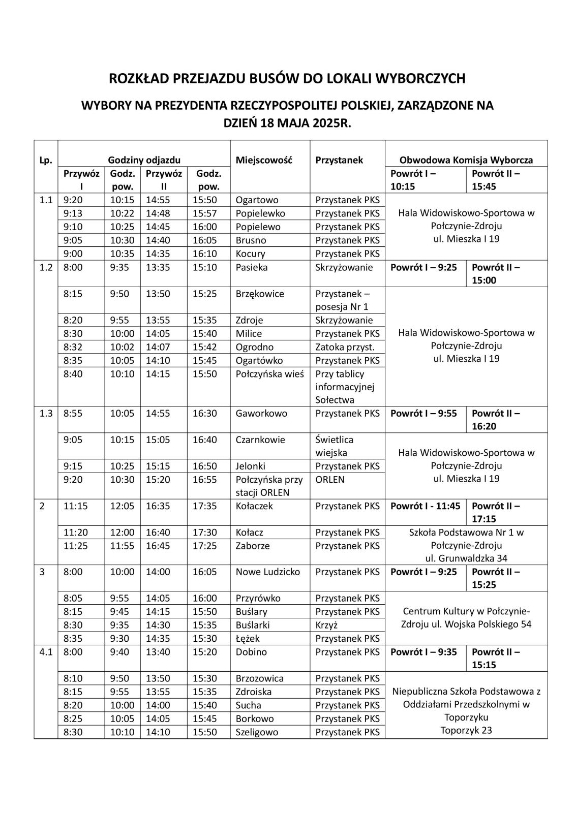 ROZKŁAD PRZEJAZDU BUSÓW DO LOKALI WYBORCZYCH WYBORY NA PREZYDENTA RZECZYPOSPOLITEJ POLSKIEJ, ZARZĄDZONE NA DZIEŃ 18 MAJA 2025 R.
