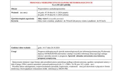 OSTRZEŻENIE METEOROLOGICZNE 31.10.2024 R.-02.11.2024 R. MOŻLIWY SILNY WIATR