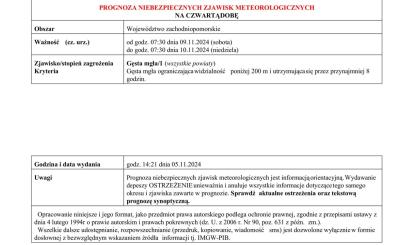 OSTRZEŻENIE METEOROLOGICZNE 06.11.2024 R- 10.11.2024 R. MOŻLIWE GĘSTE MGŁY