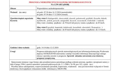 OSTRZEŻENIE METEOROLOGICZNE 14.12.2024 R.-17.12.2024 R.