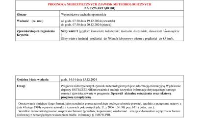 OSTRZEŻENIE METEOROLOGICZNE 16.12.2024 R.-20.12.2024 R.