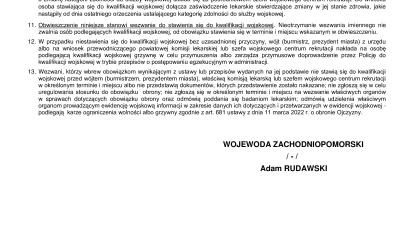 O B W I E S Z C Z E N I E WOJEWODY ZACHODNIOPOMORSKIEGO z dnia 14 stycznia 2025 roku o kwalifikacji wojskowej w województwie zachodniopomorskim w 2025 roku