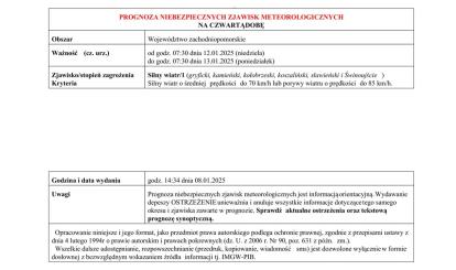 OSTRZEŻENIE METEOROLOGICZNE 09.01.2025 R.- 13.01.2025 R.