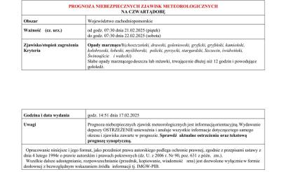 OSTRZEŻENIE METEOROLOGICZNE 20.02.2025 R. - 22.02.2025 R.