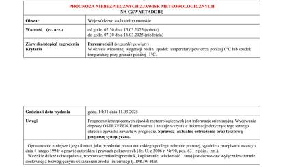 OSTRZEŻENIE METEOROLOGICZNE 13.03.2025 R.-16.03.2025 R.