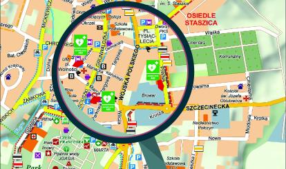Dostępne publicznie defibrylatory 24/7 AED w Połczynie-Zdroju- mapka