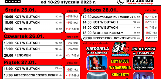 REPERTUAR KINA GOPLANA W POŁCZYNIE-ZDROJU 18-29 STYCZNIA 2023 -PLAKAT