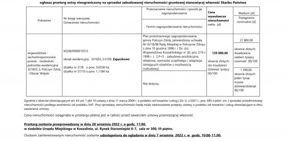 Ogłoszenie o przetargu ustnym nieograniczonym na sprzedaż nieruchomości w dniu 20 września 2022r.