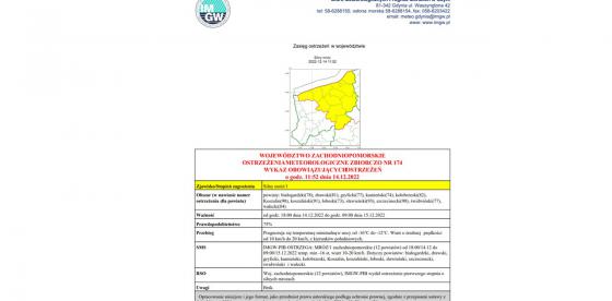 OSTRZEŻENIE METEOROLOGICZNE- KOMUNIKAT Z DNIA 14.12.2022