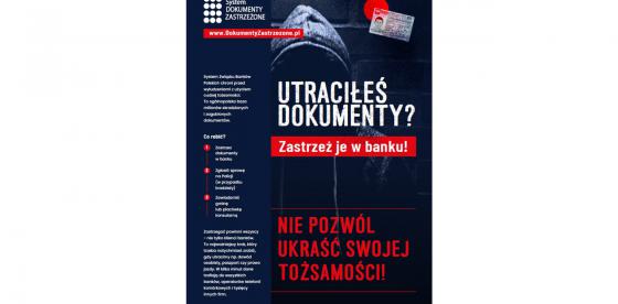 Utraciłeś dokumenty? Zastrzeż je w banku!- plakat informujący