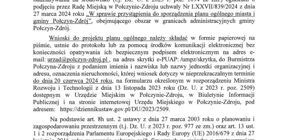 Ogłoszenie Burmistrza Połczyna-Zdroju w sprawie przystąpienia do sporządzenia planu ogólnego miasta i gminy Połczyn-Zdrój oraz o przystąpieniu do przeprowadzenia strategicznej oceny oddziaływania na środowisko dla potrzeb powyższego planu ogólnego