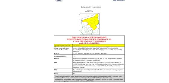 OSTRZEŻENIE METEOROLOGICZNE- KOMUNIKAT Z DNIA 14.12.2022