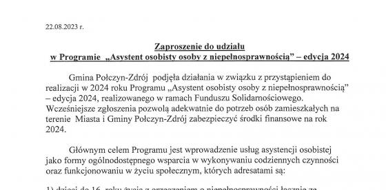 Zaproszenie do udziału w Programie ,,Asystent osobisty osoby z niepełnosprawnością'' edycja 2024