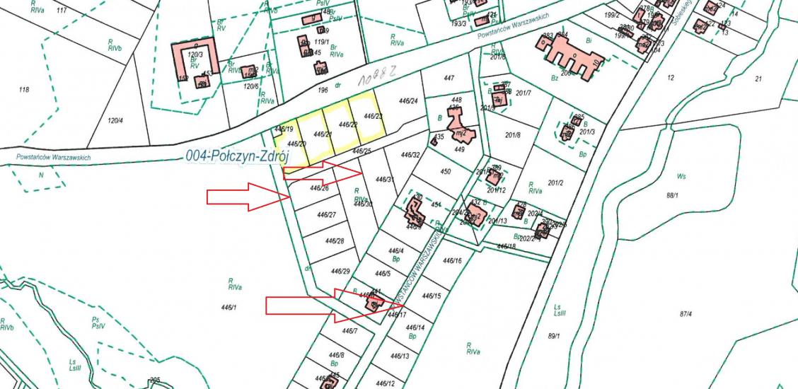Mapa poglądowa. Można odnaleźć działki przeznaczone do sprzedaży
