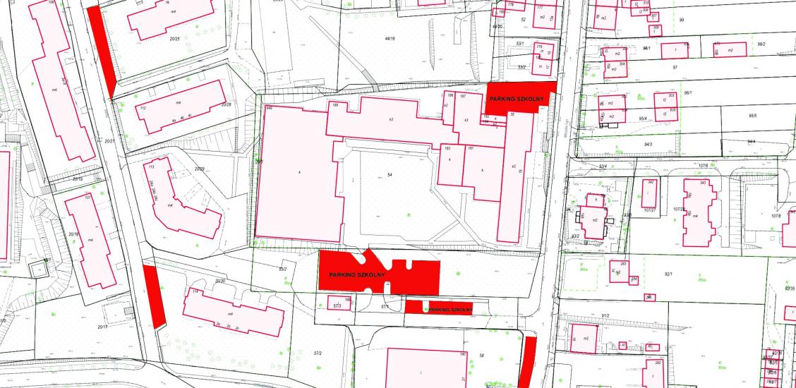 Kontury parkingów oznaczono kolorem czerwonym