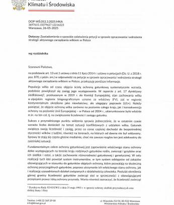 Odpowiedź z Ministerstwa Klimatu i Środowiska na petycję dotyczącą opracowania i wdrożenia strategii aktywnego zarządzania wilkiem w Polsce